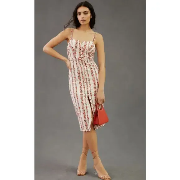 Anthropologie Slim Scalloped Corset Dress Floral Striped Belted Button Slit Midi - Picture 14 of 14